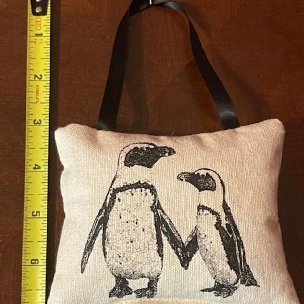 Handcrafted Eric & Christopher Penguin Print Burlap Mini Pillow Ornament Holiday
